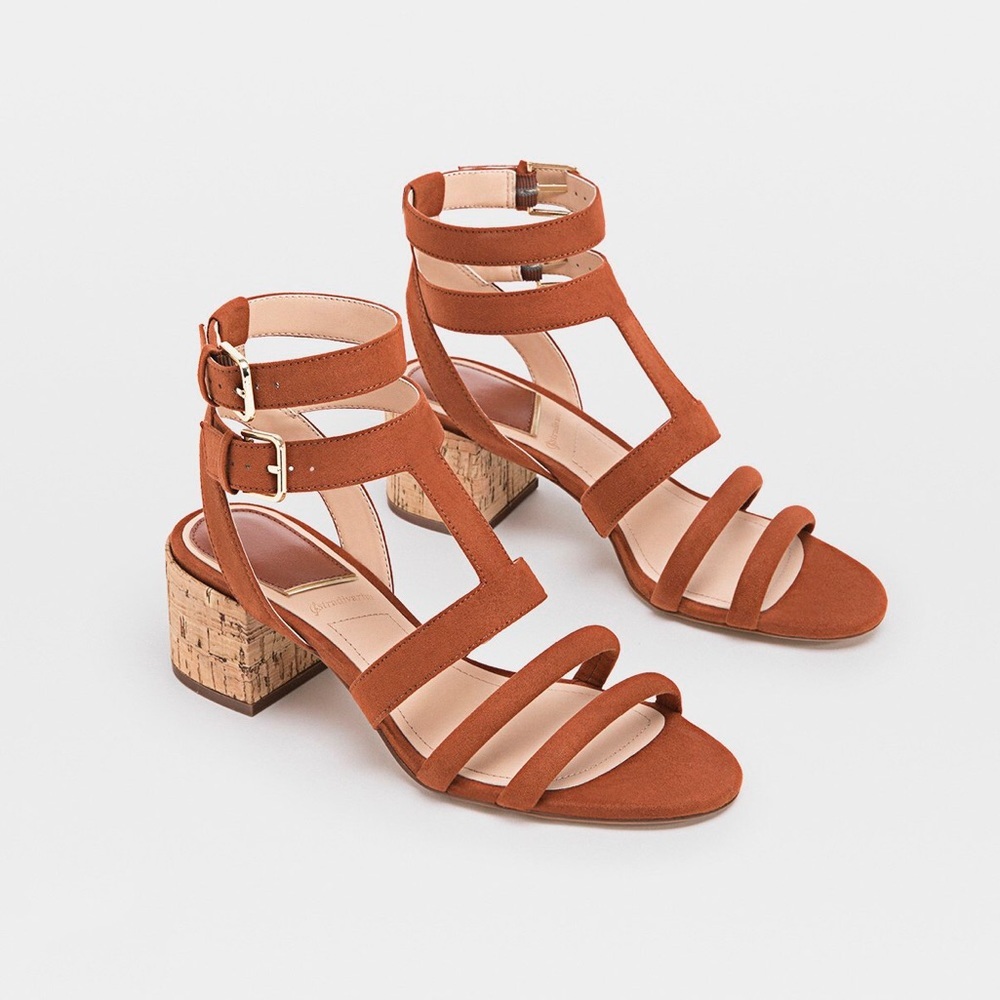STRADIVARIUS CORK HEEL TAN BROWN SANDALS ANKLE STRAP BRAND NEW WITH TAGS US 6.5